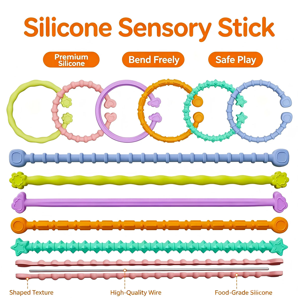 Fidget Toys Twist Sticks Sensory Toys for Kids Stress Relief Silicone Decompression Toys 6 Pack