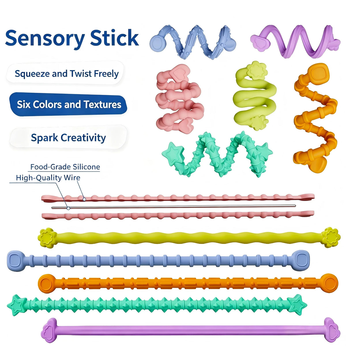 Fidget Toys Twist Sticks Sensory Toys for Kids Stress Relief Silicone Decompression Toys 6 Pack